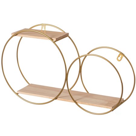 FABULAXE Tiered Round Accent Floating Wall Mounted Shelf w/Metal Frame and Pine Wood Shelves, Gold QI004335.GD